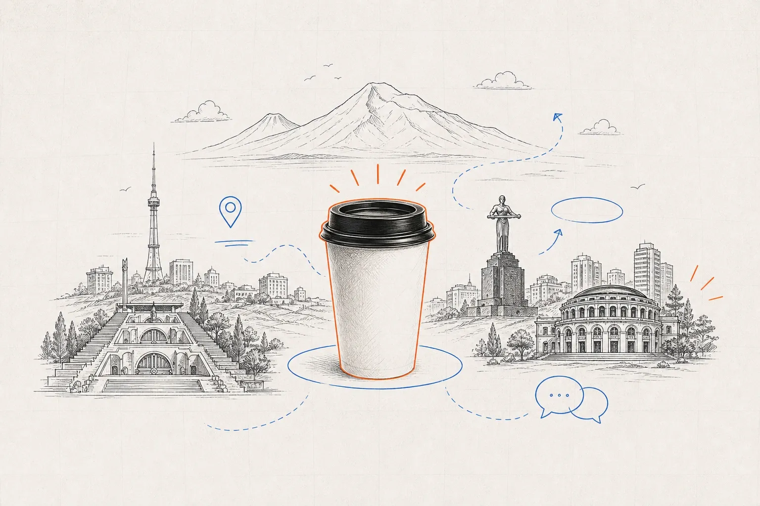 Illustrated coffee cup with Yerevan landmarks and Mount Ararat