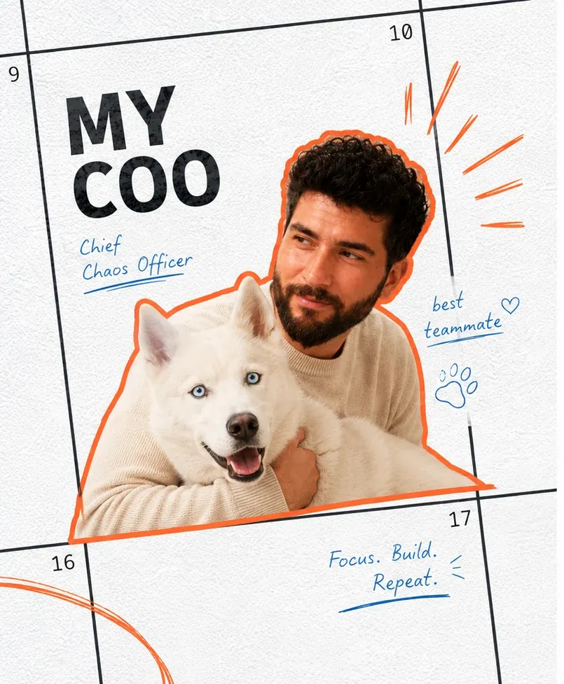Hovhannes holding his white husky in a paper collage