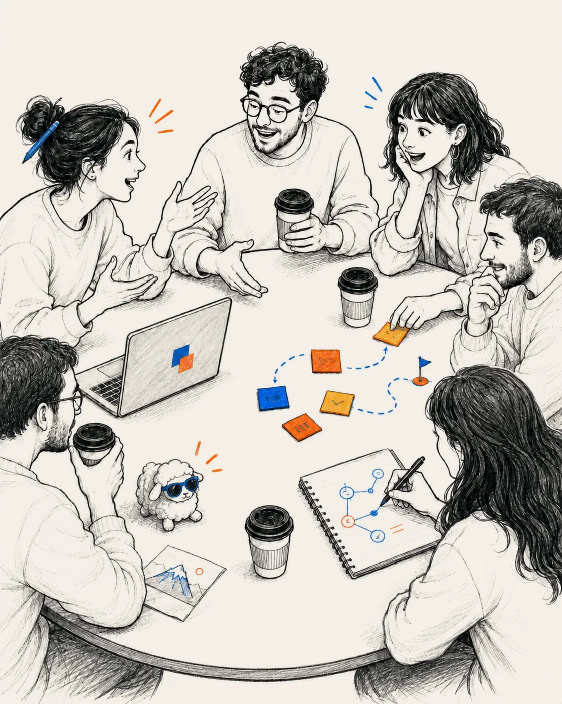 A top-down pencil illustration of a shared table mid-conversation: hands, notebooks, sketches, a laptop and coffee