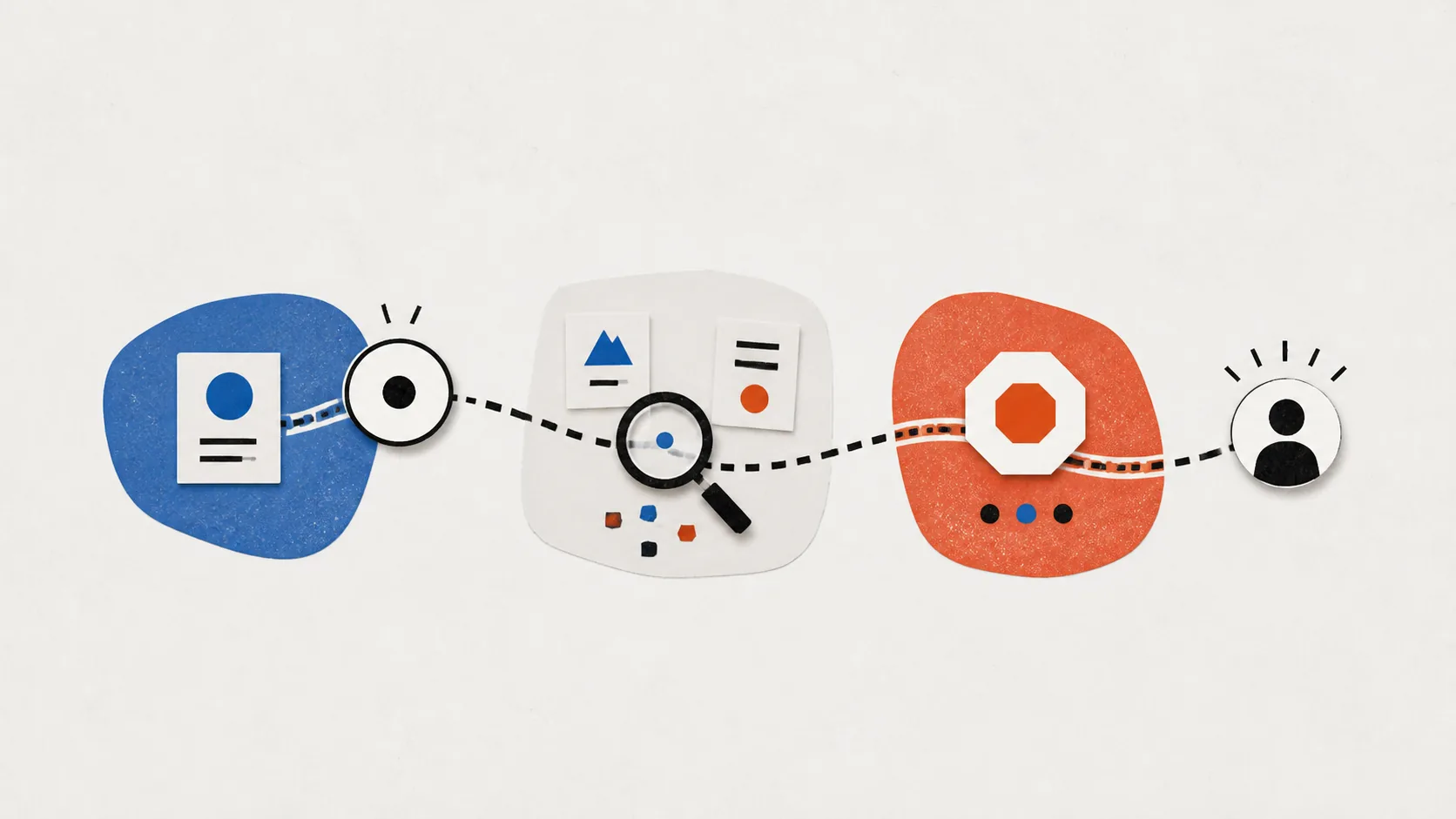 Abstract AI agent path moving through continue, verify, and human-decision zones
