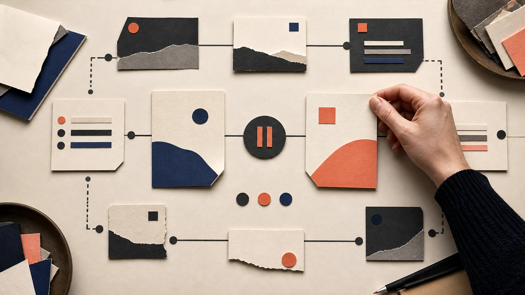 Human hand reviewing option cards at a paused AI-agent checkpoint