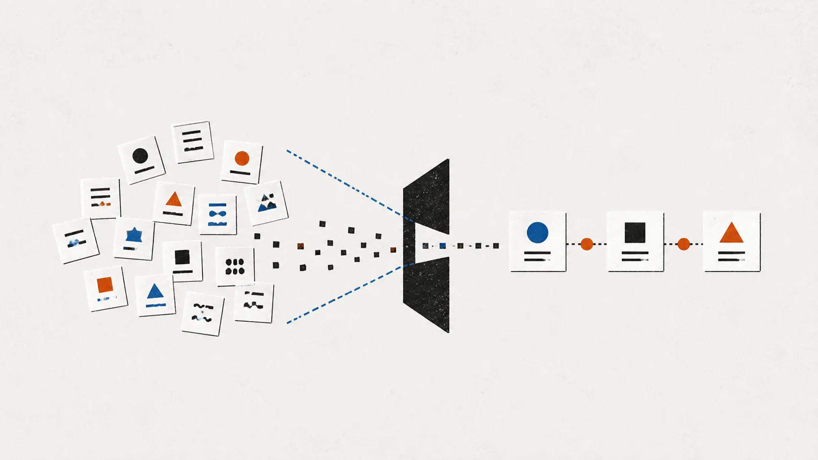 Many paper idea cards passing through a narrow decision gate into three selected steps