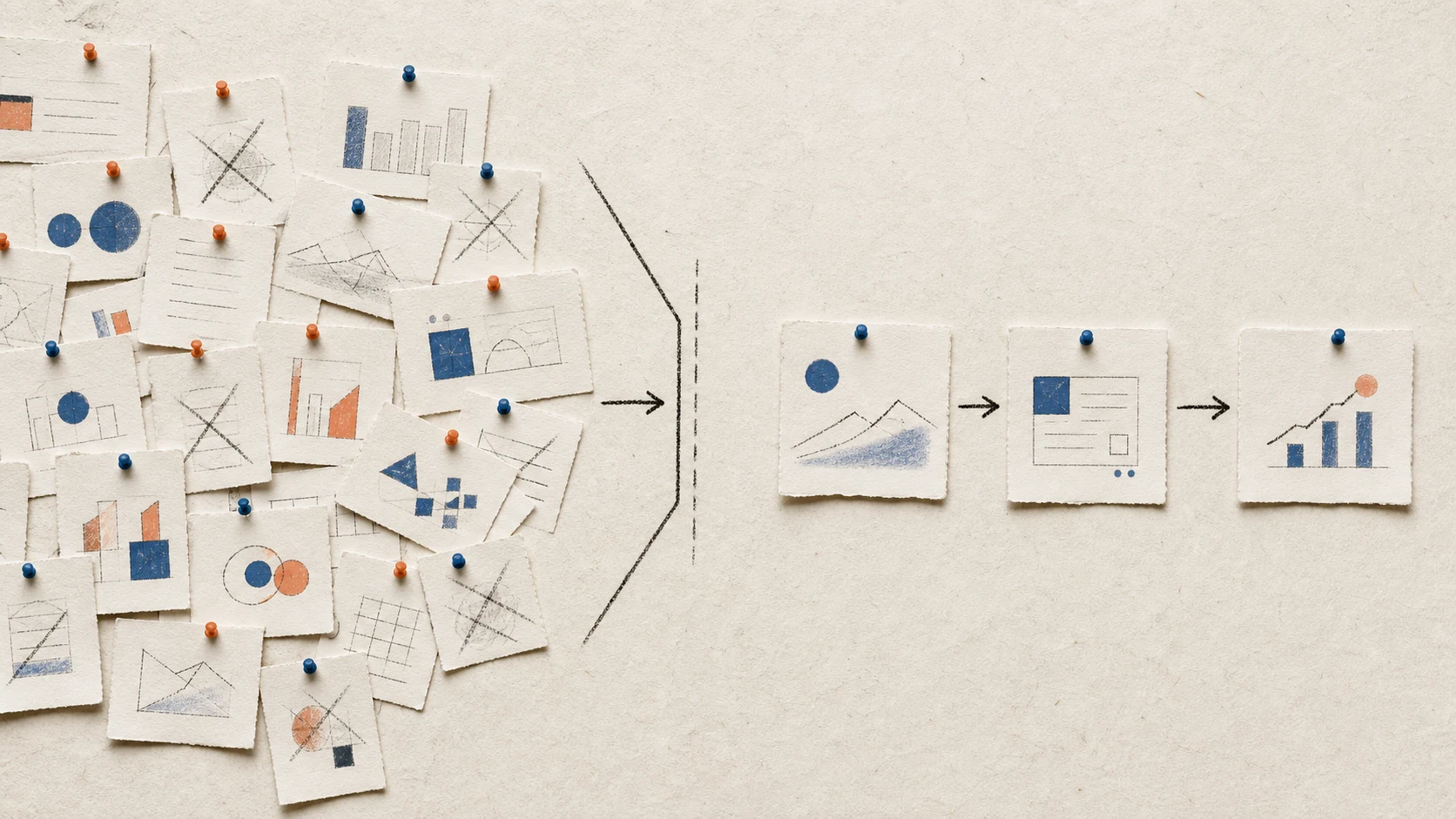 Many paper idea cards passing through a narrow decision gate into three selected steps