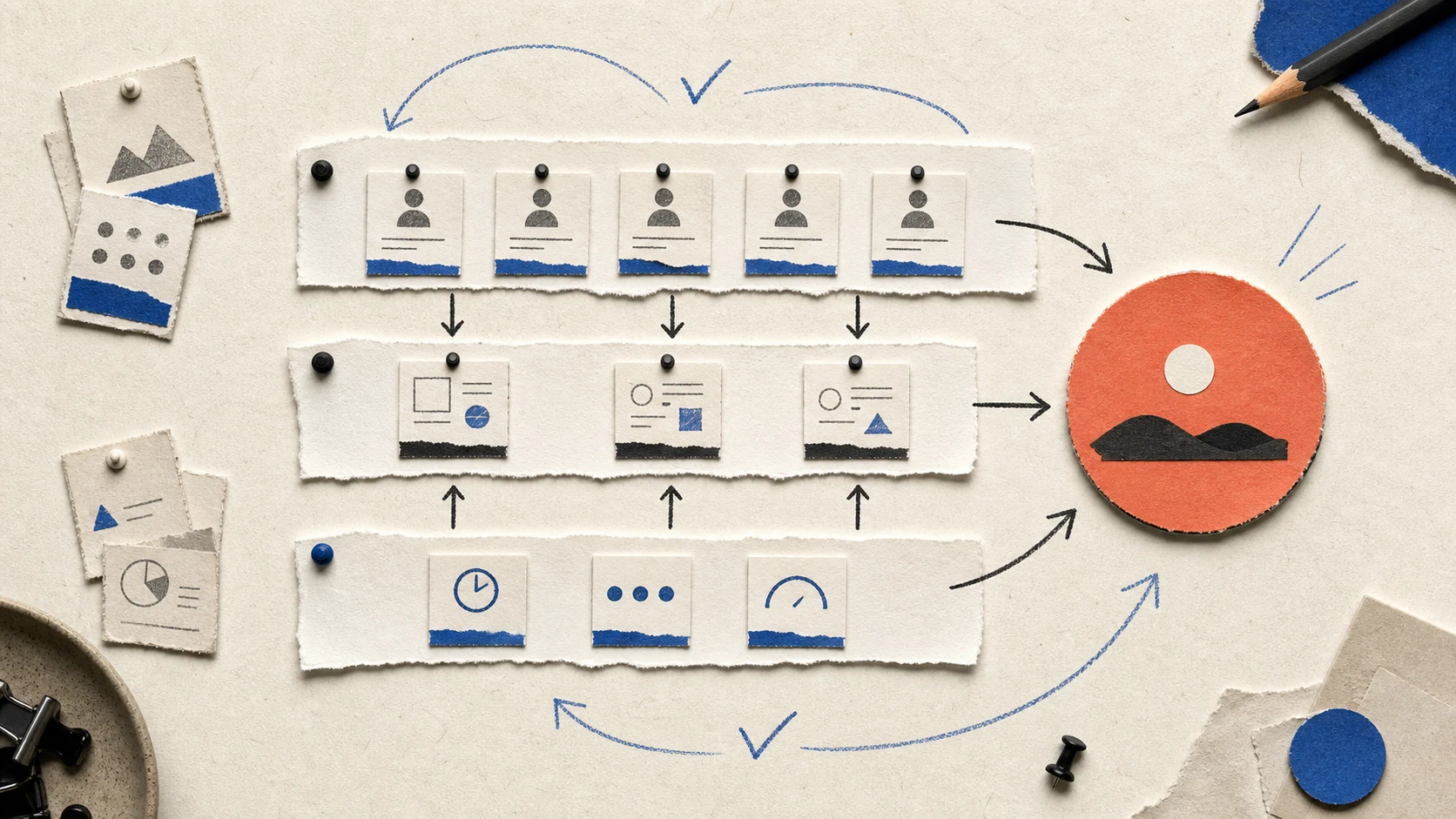 Paper evidence, selected work, and capacity lanes converging on one orange outcome