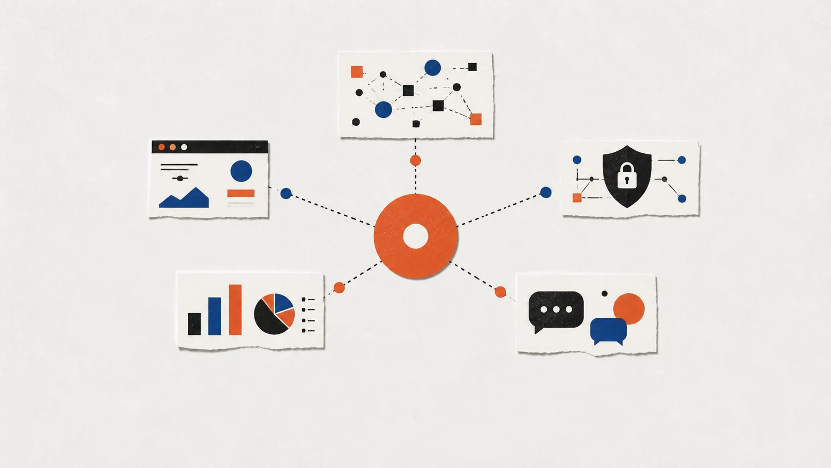 Central product change connected to data, interface, security, analytics, and communication layers