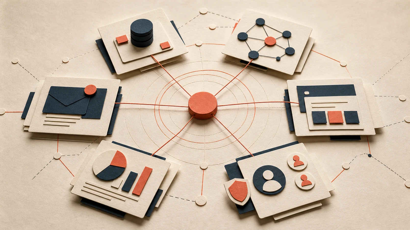 Central product change connected to data, interface, security, analytics, and communication layers