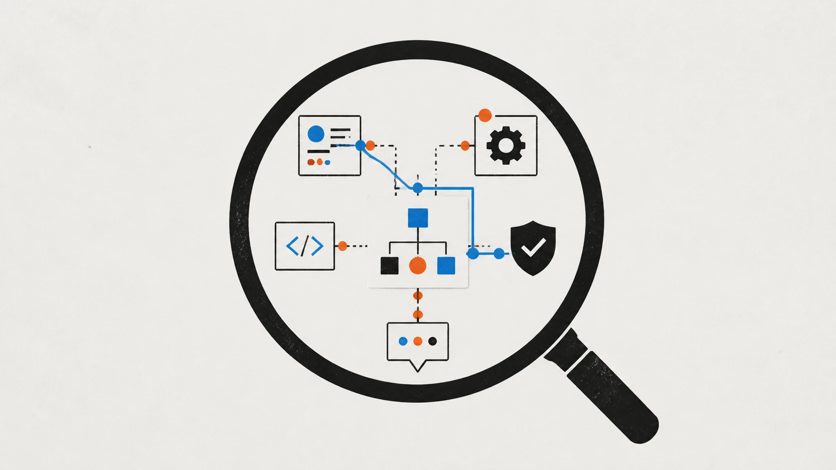 Magnifying glass reviewing connected schema, API, interface, security, and communication cards