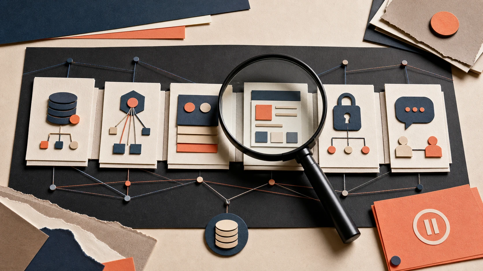 Magnifying glass reviewing connected schema, API, interface, security, and communication cards