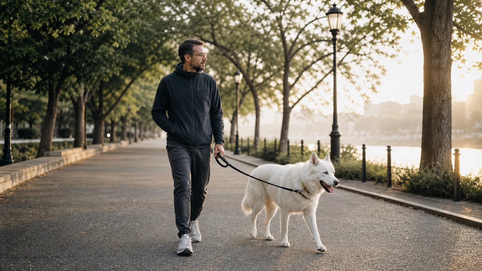 Solo founder walking a white Siberian Husky on a quiet morning path