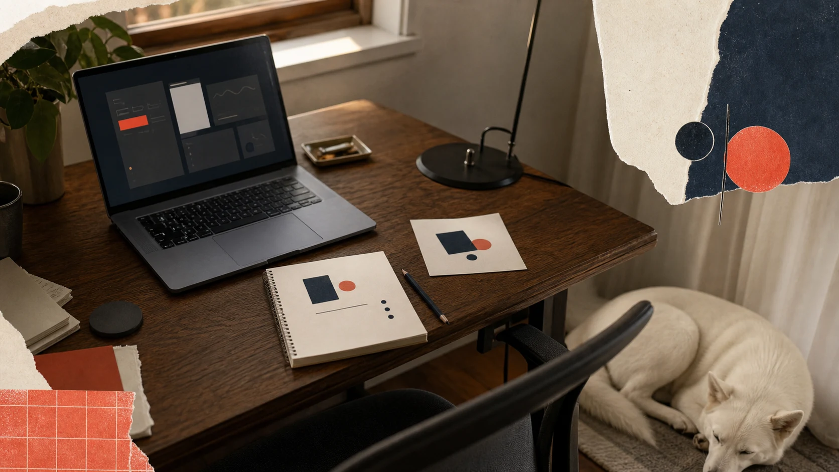Focused founder workspace with a restart note and a white husky resting nearby