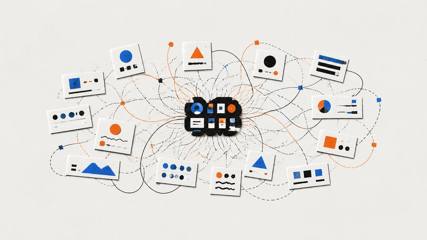 Overlapping product interface cards connected by tangled dependency threads