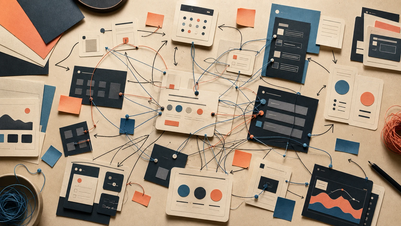 Overlapping product interface cards connected by tangled dependency threads